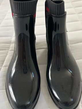 Coach Black Patent Rain Ankle Booties with Red Accent